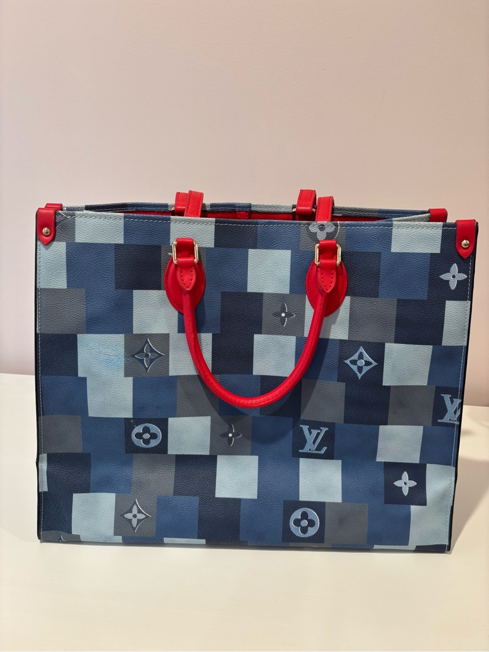 ❤️Designer Inspired Blue Patchwork Tote with Red Handles💙